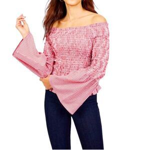 RD STYLE Smocked Gingham Off Shoulder Top